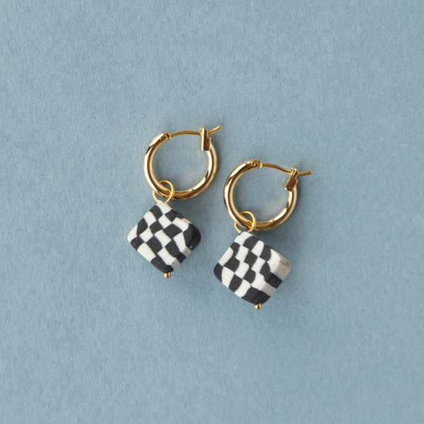 Bits Charm Hoop Earrings | Black and White Checkered