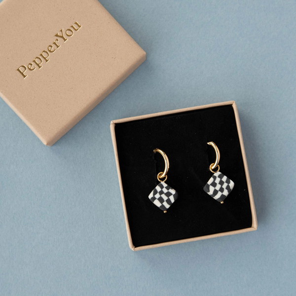 Bits Charm Hoop Earrings | Black and White Checkered