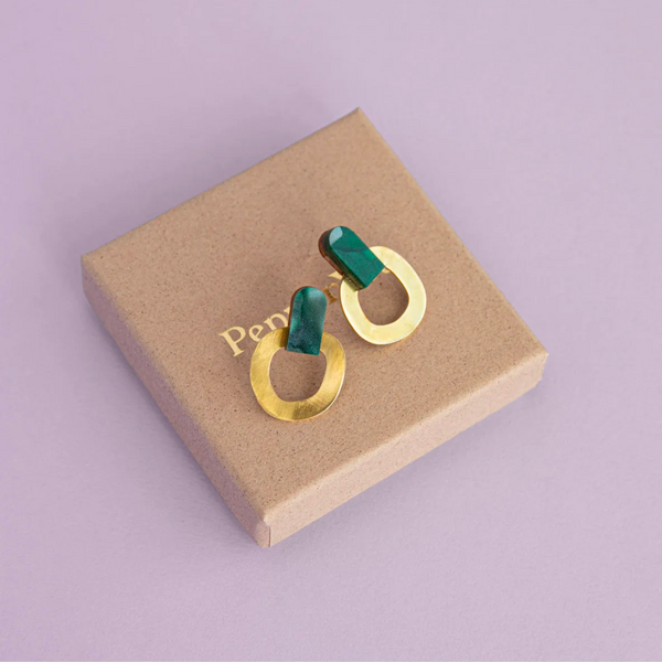 Around Brass Stud Earrings | Teal Green