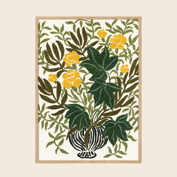 Framed artwork with green leaves and yellow flowers on a beige background