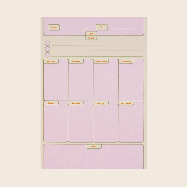 Weekly planner sheet with days of the week on a light beige background