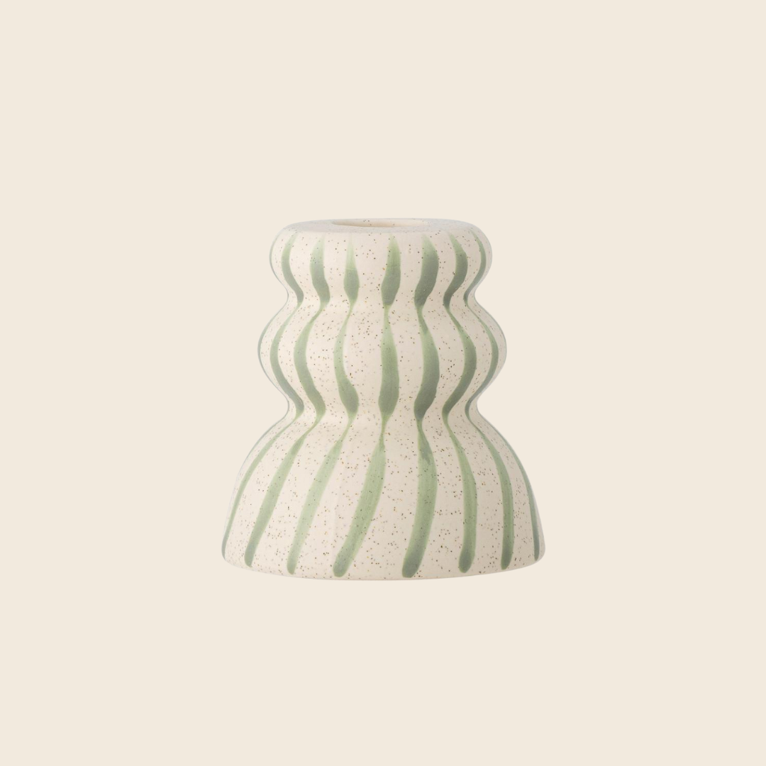 Gabin Striped Stoneware Candle Holder | Green