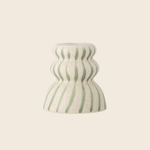 Gabin Striped Stoneware Candle Holder | Green