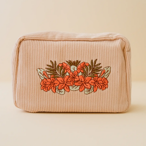 Corduroy Flower Embroidered Toiletry Bag | Light Pink