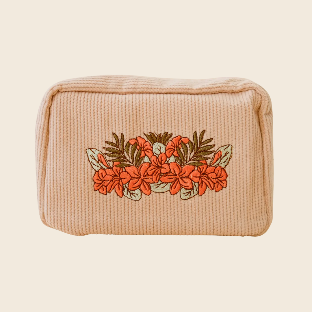 Corduroy Flower Embroidered Toiletry Bag | Light Pink
