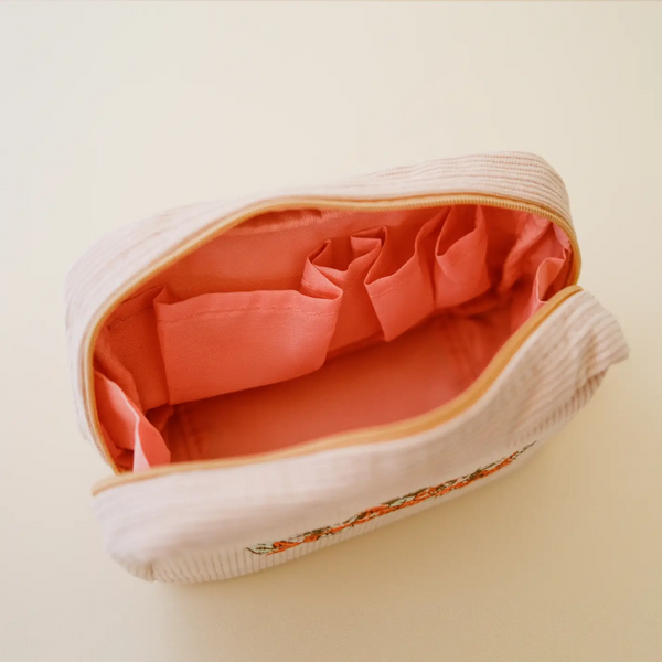 Corduroy Flower Embroidered Toiletry Bag | Light Pink