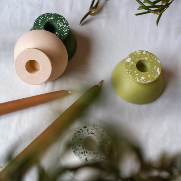 Jesmonite Candle Holders in Green and Stone