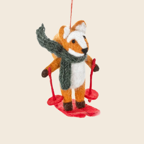 Handmade Needle Felted Skiing Fox Decoration