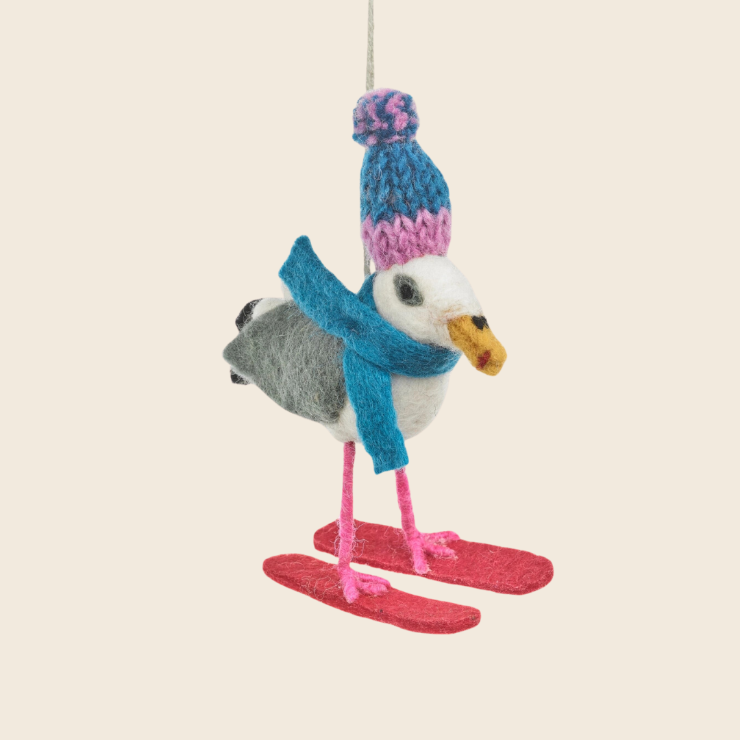 Handmade Needle Felted Skiing Seagull Decoration