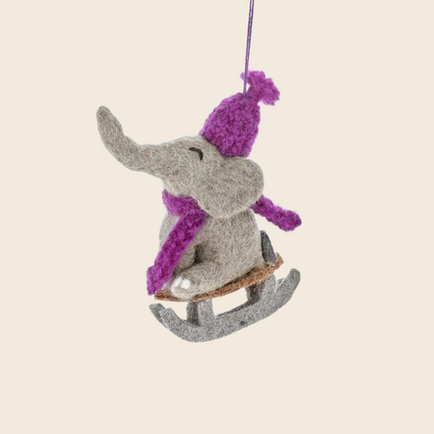 Handmade Needle Felted Sledging Elephant Decoration