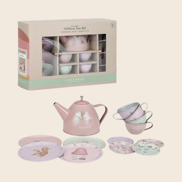 A Little Dutch 13 piece tea set displayed with a box on a light beige background. The set includes a pink teapot with a fairy design, matching pink teacups, plates, saucers and cups.