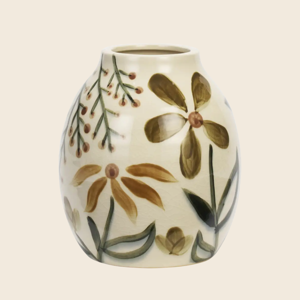Hand-Painted Floral Stoneware Vase