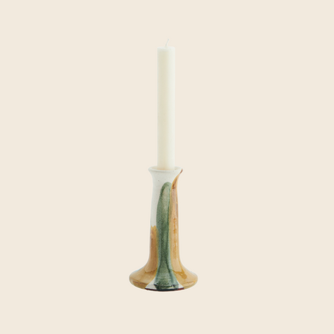 Tall Watercolour Drip Candle Holder | Green and Mustard