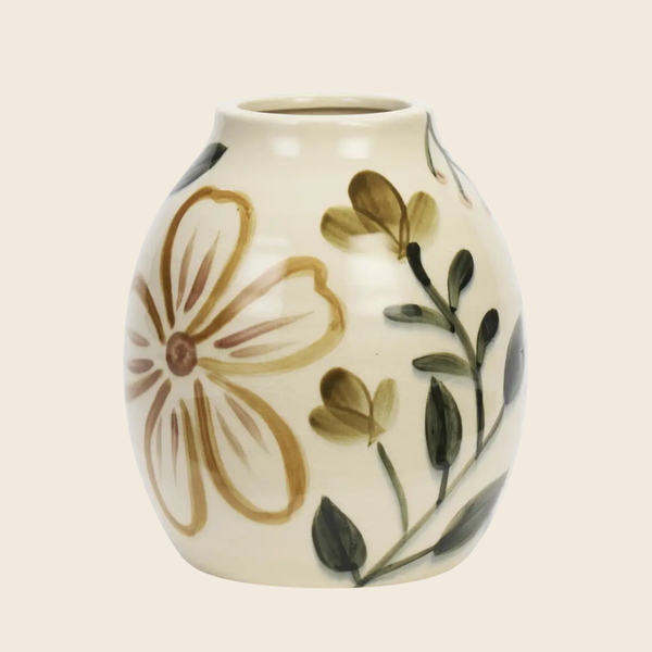 Hand-Painted Floral Stoneware Vase