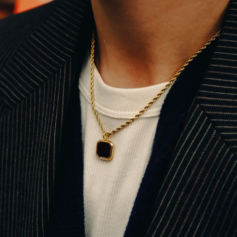 Gold Rope Chain and Black Pendant Necklace