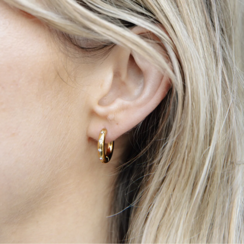 Gold Small Stone Embossed Hoop Earrings
