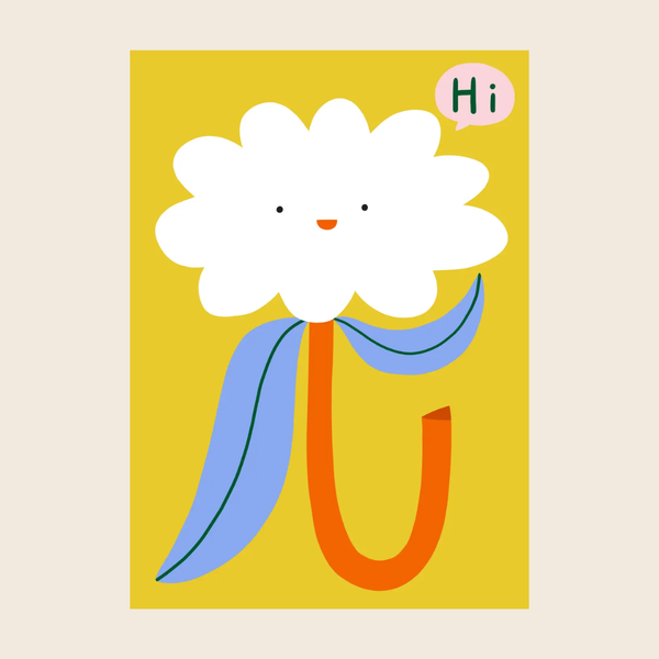 A minimalist art print featuring a stylized flower with a smiling white cloud-like bloom, blue leaves, and an orange stem on a mustard yellow background, with a small pink speech bubble reading 'Hi'.