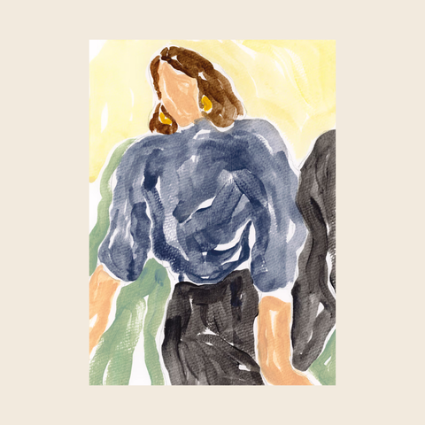 Artistic depiction of a person wearing a blue shirt and black pants on a beige background