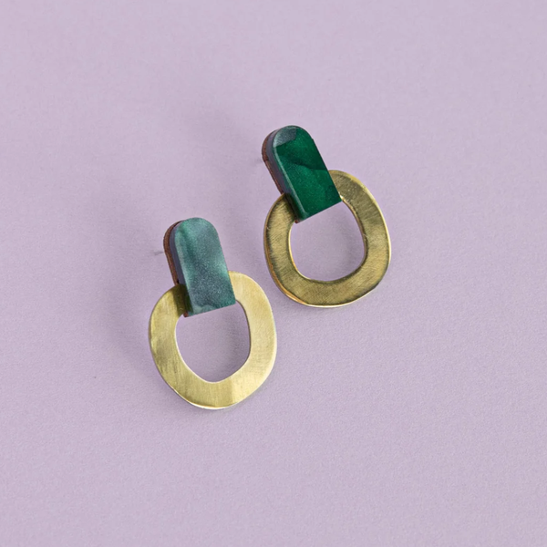 Around Brass Stud Earrings | Teal Green