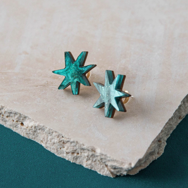 Sparkle Star Stud Earrings | Teal Green