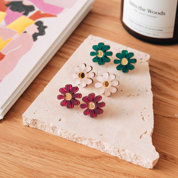 Daisy Stud Earrings in White, Green and Purple