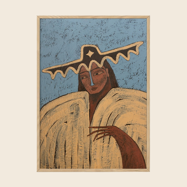 A framed art print featuring a stylised figure with a large dark hat against a textured blue background, mounted on a light beige wall.