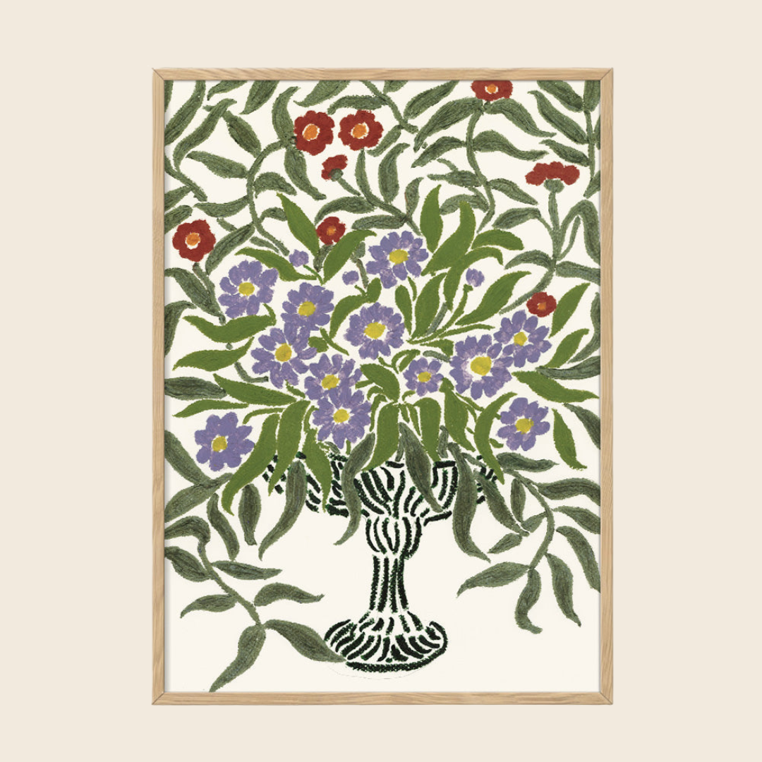 Framed artwork with floral design on a beige background