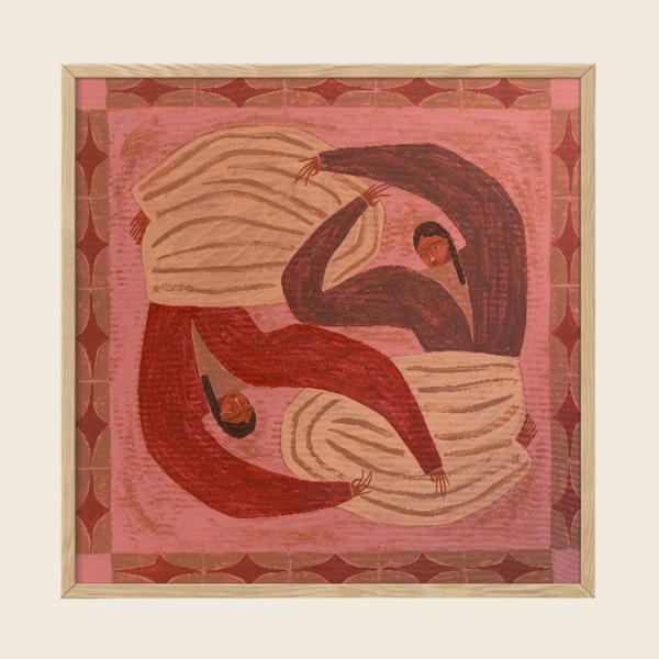 A framed square art print featuring an abstract, stylized depiction of two curved human figures in dark brown and red garments against a pink background, surrounded by a geometric border and a light wood frame.