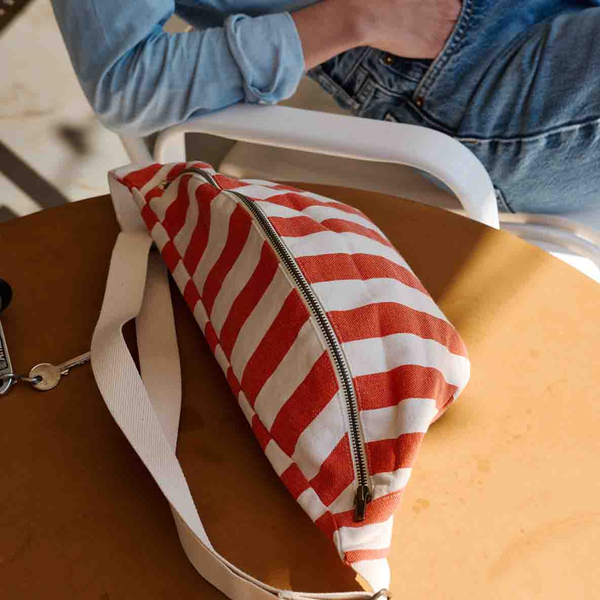 Cotton Crossbody Bag | Tomato Red and Greige Stripe