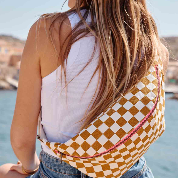 Cotton Crossbody Bag | Caramel Checkerboard