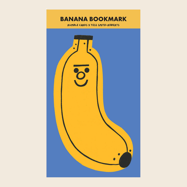 Banana-shaped bookmark with a blue background and yellow top section.