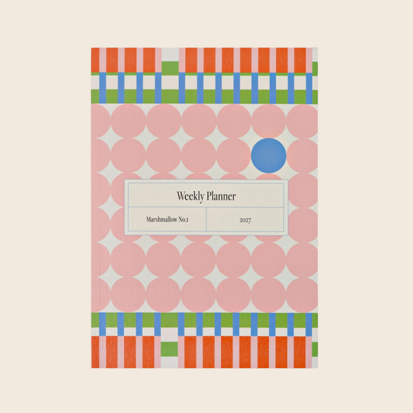 A weekly planner cover with a retro mid-century modern pattern featuring pink circles, orange and blue stripes, and green accents, centered on a light beige background.