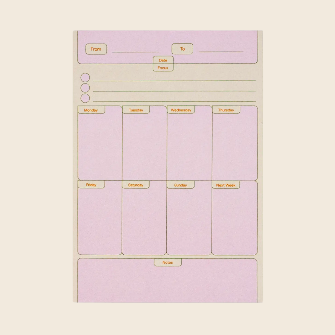 Weekly planner sheet with days of the week on a light beige background