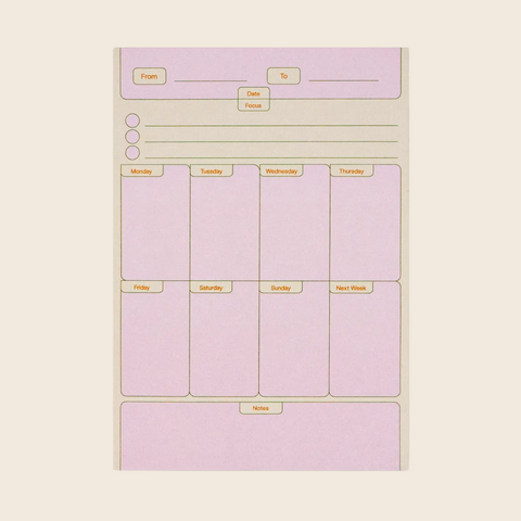 Weekly planner sheet with days of the week on a light beige background