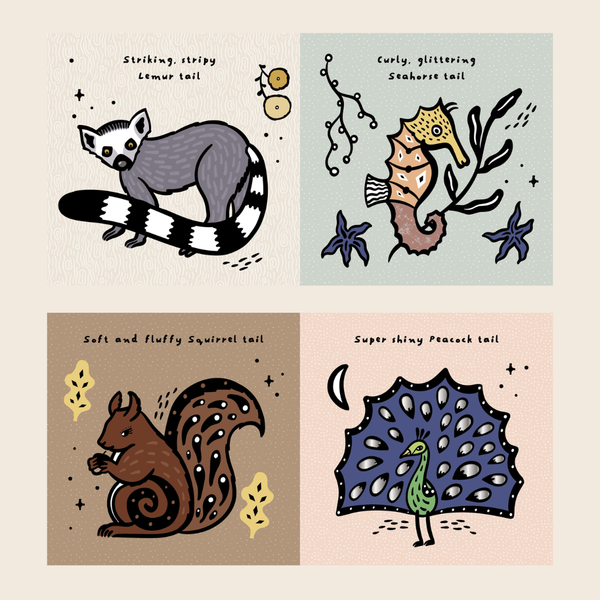 Four square illustrated cards showing animal tails: a lemur, a seahorse, a squirrel, and a peacock, each with a short caption and decorative doodles on a light beige background.