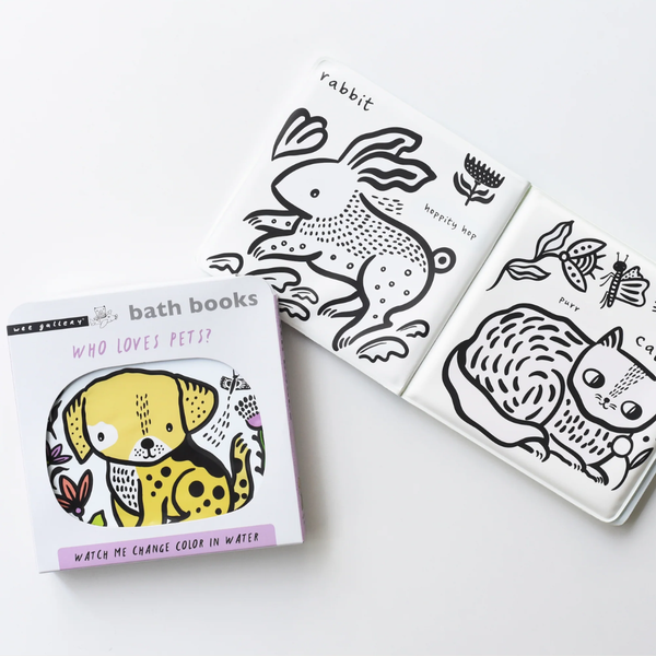 A children's bath book on a white background, and two open pages showing black-and-white animal illustrations: a rabbit and a cat.