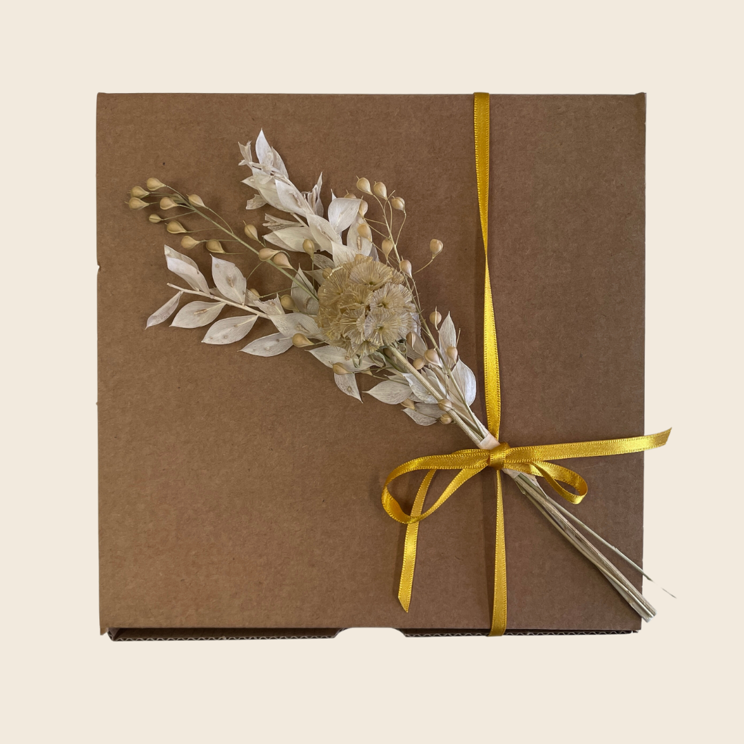 Bellwoods Dried Flower Topped Gift Box - Small - Mustard Ribbon - White Flowers