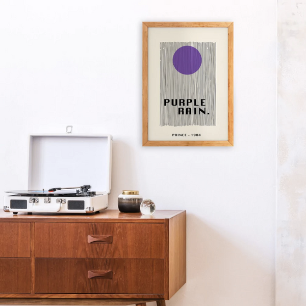 Fan Club Purple Rain Print styled with record player and sideboard 