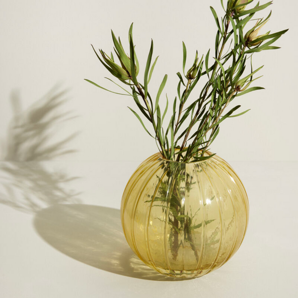 Hubsch Yellow Glass Fleur Vase with Green Stems