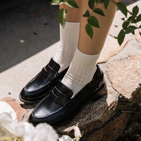 Le Bon Shoppe Knit Rib Her Socks in Porcelain styled with loafers